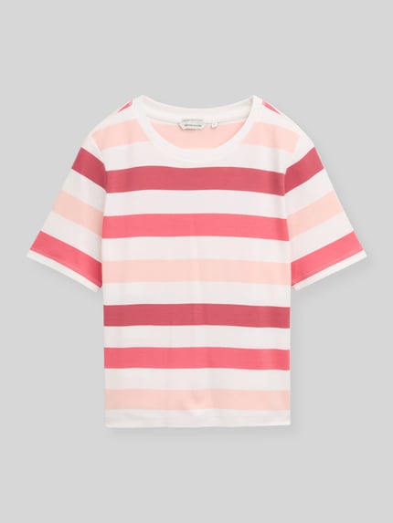 Productfoto, Relaxed Fit T-Shirt uit puur katoen van Tom Tailor met all-over gestreept patroon in roze, rood en wit, jersey materiaal.