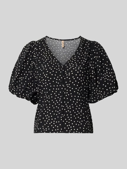Produktfoto, blouse met korte mouwen van zuiver viscose Model 'GILDA' van Soyaconcept, zwart met witte stippen, slim fit, V-hals met knoopsluiting, pofmouwen