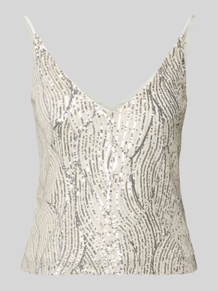 Produktfoto, Top mit V-Ausschnitt und Pailletten von SWING, materiaalmix met stretch, regular fit, V-hals, pailletten, ruglengte bij maat 36: 28 cm, beige en zilver met glanzende textuur