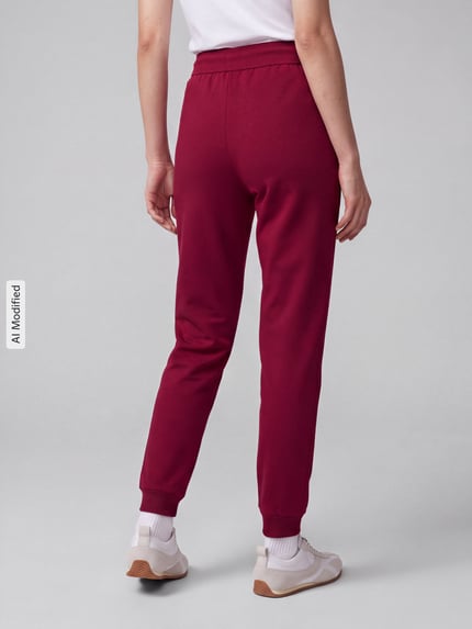 Vrouwenmodel draagt Regular Fit Jogpant uit katoenmix model 'Hugo ID Pant' van HUGO, donkerrode kleur, zachte stof, dames jogpant, volledige achteraanzicht, KI-gemodificeerd beeld