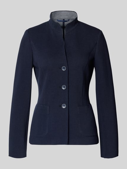 Produktfoto, Slim Fit Blazer mit Stehkragen von WHITE LABEL im Dunkelblau, Baumwoll-Mix, aufgesetzte Taschen, taillierte Passform