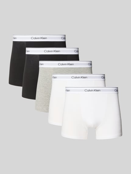 Produktfoto, Pant & Trunk aus Baumwoll-Mix im 5er-Pack von Calvin Klein Underwear in Schwarz, Grau und Weiß mit elastischem Logo-Bund auf neutralem Hintergrund.