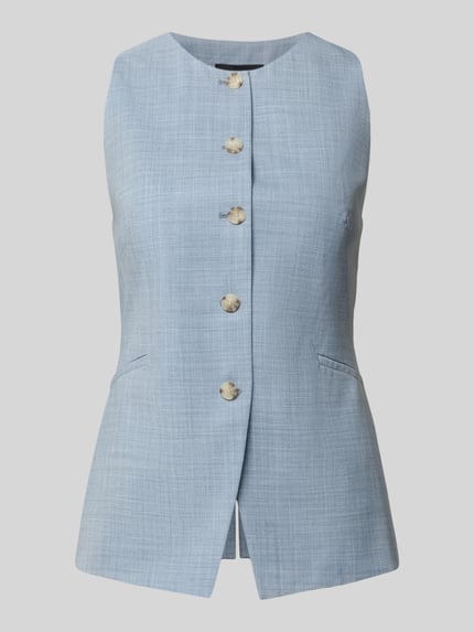 Produktfoto, Slim Fit Weste aus reiner Schurwolle Modell 'JULERAN' von BOSS in hellblau melierter Optik mit Knopfleiste, V-Ausschnitt und Eingrifftaschen