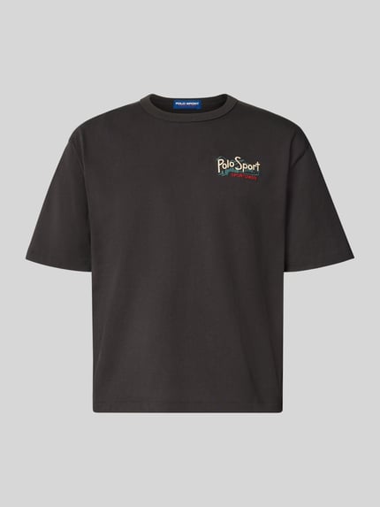 Produktfoto, schwarzes Relaxed Fit T-Shirt aus reiner Baumwolle von Polo Ralph Lauren mit kleinem Logoaufdruck auf der Brust, neutraler Hintergrund.
