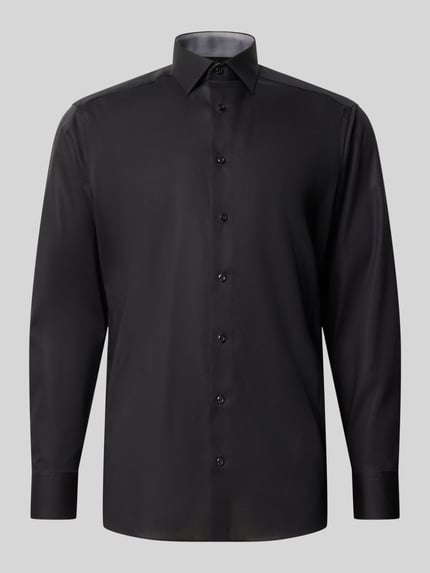 Produktfoto, Regular Fit Businesshemd mit Kentkragen von OLYMP, unifarben schwarz, lange Ärmel mit Manschette, glatte Textur, Longline
