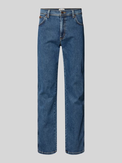 Produktfoto, Straight Fit Jeans im 5-Pocket-Design Modell 'Texas' van Wrangler voor heren, katoenmix met stretch, recht model, blauwe denim.