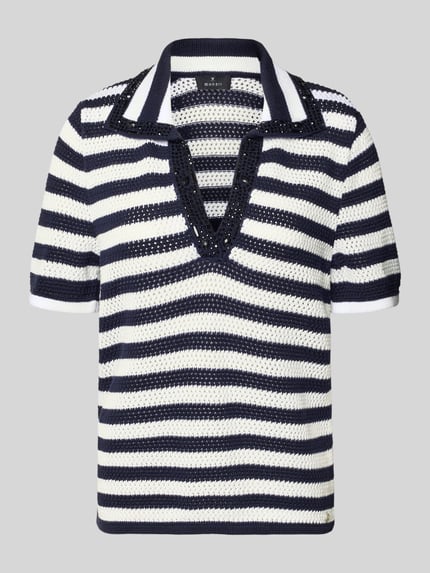 Productfoto, Regular Fit Poloshirt in Strick-Optik van monari, marineblauw-wit gestreept, katoen, halflange mouw, semitransparant, siersteentjes