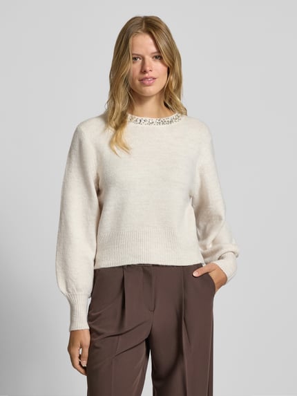 ONLY Regular Fit Strickpullover mit Schmucksteinbesatz Modell 'ELSA' Beige 4
