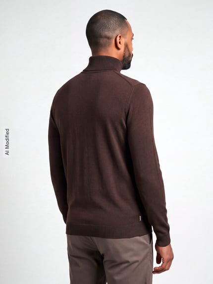 Männermodel trägt Regular Fit Rollkragenpullover aus Viskose-Mix Modell 'WYLER' von ONLY in Dunkelbraun, Ganzkörperansicht Rückansicht, Herren Rollkragenpullover von ONLY & SONS, KI-modifiziertes Bild.