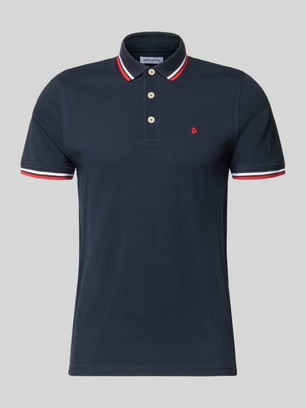 Produktfoto, Slim Fit Poloshirt met viscose Model 'Paulos' van JACK & JONES, katoenmix, polokraag, korte mouw, gestikt logo, ruglengte maat M 72 cm