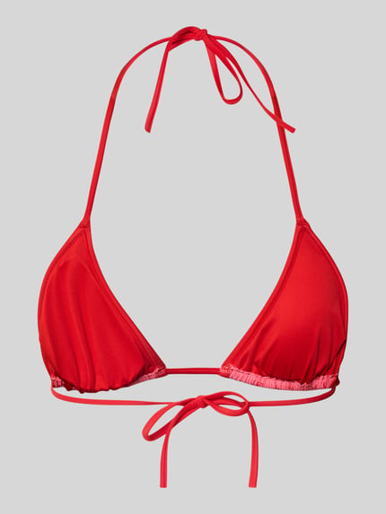Produktfoto, Bikini-Oberteil mit Logo-Muster von HUGO in Rot, Optik: Logo-Muster, Trägerform: Neckholder, ohne Bügel, vorgeformt, herausnehmbar, V-Ausschnitt, Verschluss: Bindeband