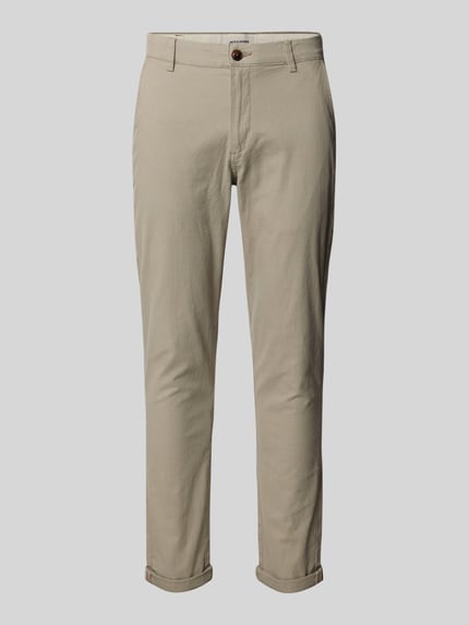 Produktfoto, spodnie materiałowe Straight Fit Stoffhose aus Baumwoll-Mix Modell 'MARCO FURY' von JACK & JONES, mieszanka bawełny i elastanu, zapięcie na guzik i zamek błyskawiczny, wpuszczane kieszenie przednie, kieszenie z tyłu, szerokość w rozmiarze 32/32: 44 cm, długość wewnętrzna nogawki: 77 cm, beżowy kolor, gładka faktura