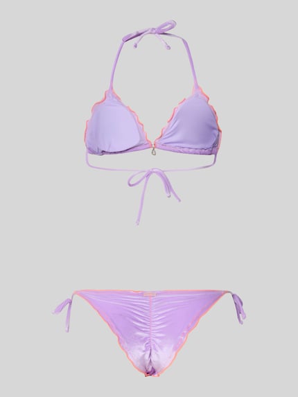 Productfoto, Bikini-Set met stretch-aandeel model 'CIROLUMA' van Banana Moon, lila en roze kleuren, triangelvorm, elastische band, schelprand, sierhanger, nauwsluitende fit, dames badmode.