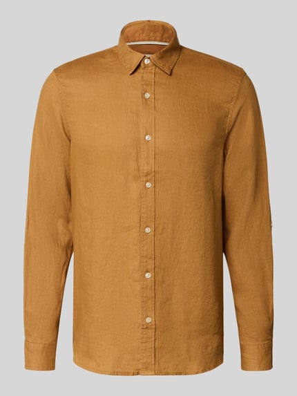 Produktfoto, Regular Fit Leinenhemd mit Kentkragen von Scotch & Soda in Braun, feine Leinenstruktur, Knopfleiste, klassische Langarmform
