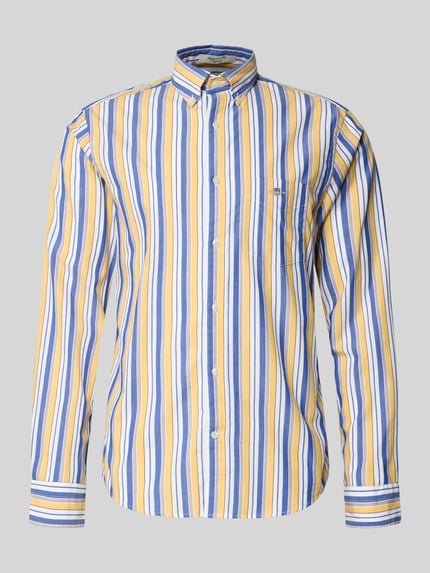 Produktfoto, Freizeithemd mit Knopfleiste von Gant für Herren aus reiner Baumwolle mit Streifen in Gelb, Blau und Weiß, Regular-Fit, Button-Down-Kragen, Brusttasche, Label-Stitching, Rückenlänge 77 cm, Schulterbreite 44 cm, Ärmellänge 67 cm
