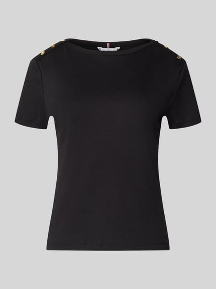 Productfoto, Slim Fit T-Shirt uit pure katoen van Tommy Hilfiger, effen zwart, goudkleurige sierknopen, logo detail, korte mouw