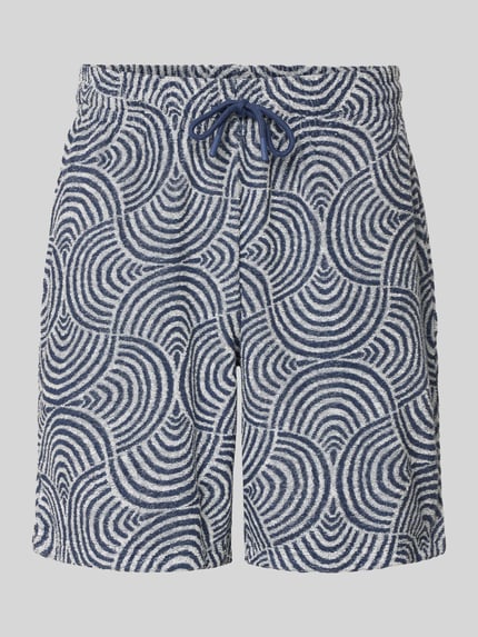 Produktfoto, Relaxed Fit Sweatshorts mit Baumwoll-Anteil Modell 'CLEMENT' von Only & Sons mit blau-weißem Allover-Muster, Frottee-Textur, elastischem Bund und Tunnelzug, seitliche Eingrifftaschen.