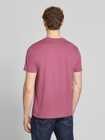 Männermodel trägt T-Shirt mit Logo-Patch und Rundhalsausschnitt von GAP in Rosa, reine Baumwolle, Straight Fit, Ganzkörperansicht Rückansicht.