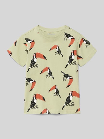 Produktfoto, T-Shirt mit Motiv-Print von Blue Seven aus reiner Baumwolle, Regular Fit, Rundhalsausschnitt, pastellgrün mit buntem Tukan-Print