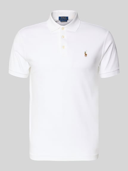 Produktfoto, Poloshirt mit Label-Stitching van Polo Ralph Lauren, puur katoen, regular fit, polokraag, korte knoopsluiting, ribboorden, ruglengte maat M 69 cm, wit met geborduurd label, gladde textuur.