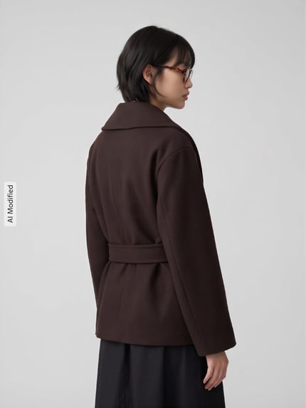 Frauenmodel trägt dunkelbraune Regular Fit Teddy- / Webpelzjacke mit Bindegürtel Modell 'ANNE' von VERO MODA, Ganzkörperansicht Rückansicht, KI-modifiziertes Bild
