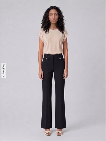 Vrouwenmodel draagt zwarte Regular Fit schmale broek met model 'FLEUR' van CAMBIO, Dames broek, kleuren beige en zwart, frontaal volledig.