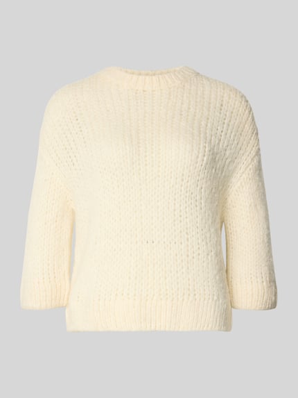 Produktfoto, cremefarbener Regular Fit Pullover mit Woll-Alpaka-Anteil Modell 'Tariah' von Someday, Strick-Optik, Rundhalsausschnitt, elastische Abschlüsse.