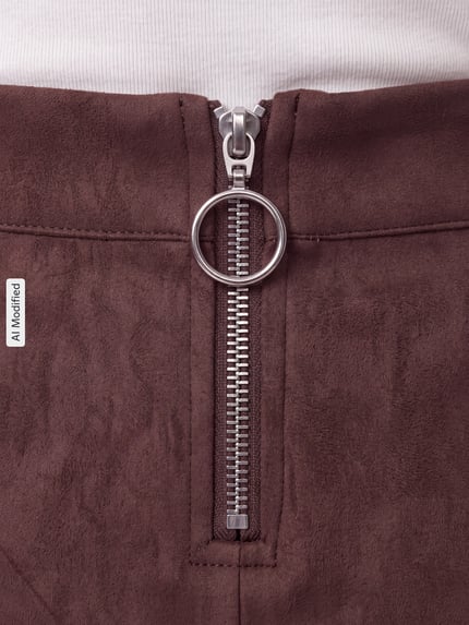 Produktfoto, Ausgestellter Mini-Rock aus reiner Baumwolle Modell 'DONNADINA' von VERO MODA in Braun mit sichtbarem silberfarbenem Reißverschluss, Damen Mini-Rock, Nahaufnahme Vorderseite, KI-modifiziertes Bild