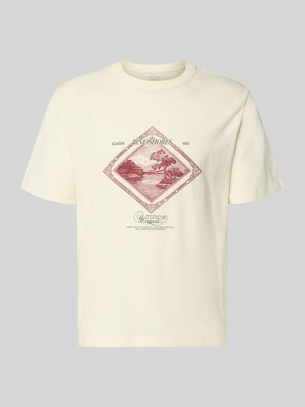 Produktfoto, kremowy Męski t-shirt z bawełny prosty krój, okrągły dekolt, nadruk z logo Model 'NIAGARA' od JACK & JONES, długość tyłu 67 cm w rozmiarze M