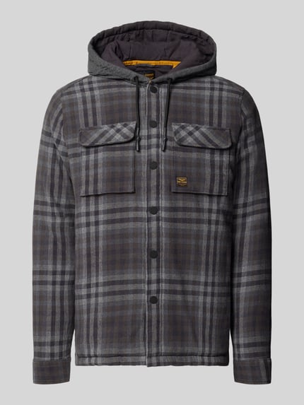 Produktfoto, Regular Fit Hemdjacke mit Kapuze und Brusttaschen von PME Legend, graues Karomuster, reine Baumwolle, Knopfleiste, Label-Detail