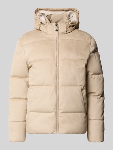 Produktfoto, Jacke in Leder-Optik mit Steppnähten und Kapuze von GUESS, beige, Material-Mix mit Stretch-Anteil, Reißverschluss, Eingrifftaschen