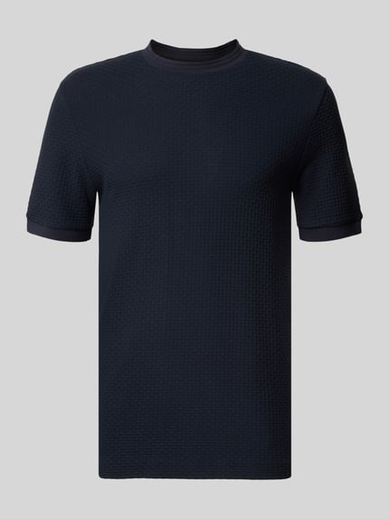 Produktfoto, dunkelblaues T-Shirt mit Struktur-Jersey von BOSS, unifarben, kurzer Ärmel, abgerundeter Abschluss, Rundhalsausschnitt, Jersey-Material