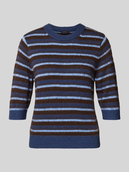 Produktfoto, Strickpullover mit gerippten Abschlüssen von OPUS, bawełniany miks, krój slim fit, dekolt okrągły, 1/2-rękaw, niebiesko-brązowe paski, długość tyłu w rozmiarze 36: 53 cm, długość rękawa: 31 cm, tekstura prążkowana