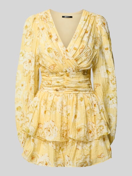 Produktfoto, Minikleid aus Viskose-Mix mit Rüschenbesatz von Gina Tricot, lichtgeel met bloemenprint, getailleerd, met ruches, v-hals, met lange mouwen, ruglengte maat 36: 80 cm, borstwijdte maat 36: 41 cm, mouwlengte maat 36: 69 cm, viscosemix-structuur