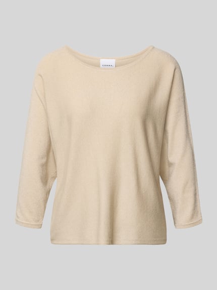 Produktfoto, Relaxed Fit Pullover aus Viskose-Mix in Strick-Optik von Comma, beige, Glitzer-Optik, U-Boot-Ausschnitt, 3/4-Arm.