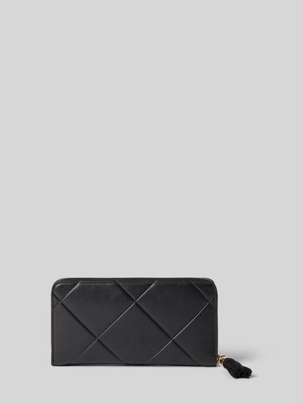 Produktfoto, Portemonnaie mit umlaufendem Reißverschluss Modell 'ASTRID' von Valentino Bags in Schwarz, Rautenstruktur, Logo, Quaste, Lederoptik