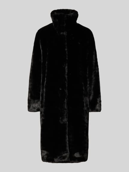Produktfoto, schwarzer Regular Fit Webpelzmantel mit Umlegekragen und einreihiger Knopfleiste, Modell 'CETEDIA' von BOSS, unifarbene Optik, Kunstfellmaterial