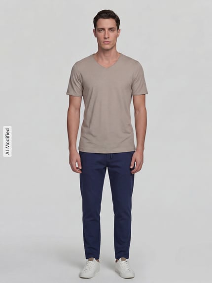 Männermodel trägt Regular Fit T-Shirt mit V-Ausschnitt von MCNEAL in Beige, reine Baumwolle, glatte Textur, Ganzkörperansicht von vorne.