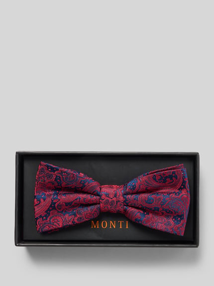 Produktfoto, Seidenfliege mit Paisley-Muster Modell 'Flavio' van MONTI, unie kleur bordeaux en blauw, klassieke pasvorm, puur zijde