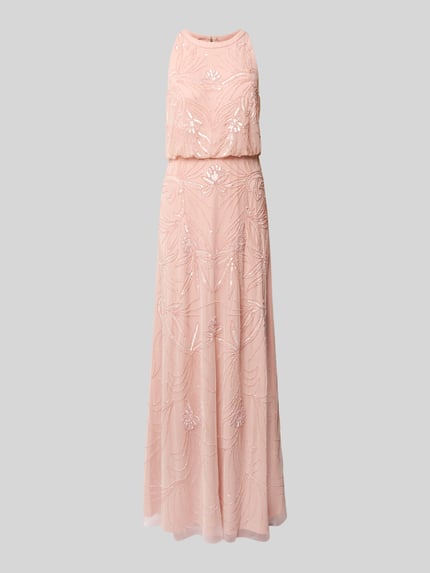 Produktfoto, Regular Fit Abendkleid mit floralem Allover-Stitching od Adrianna Papell, krój regular fit, haft na całej powierzchni, obszycie ozdobnymi kamieniami, okrągły dekolt, krój bez rękawów, zamek błyskawiczny, długość tyłu w rozmiarze 36: 150 cm, szerokość w rozmiarze 36: 42 cm, kolor jasnoróżowy, delikatna faktura, kwiatowe motywy
