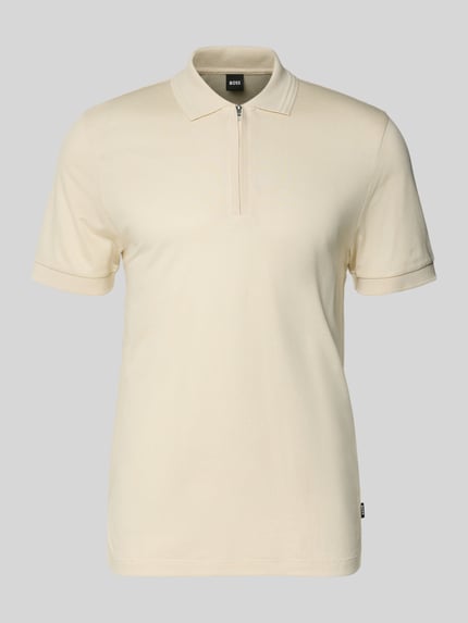 Produktfoto, Regular Fit Poloshirt uit katoen-lyocell-mix Model 'H-PARAS 70' van BOSS, look: effen, gestructureerd, kleur lichtgeel, piqué, korte mouw, polokraag, V-hals met korte ritssluiting, labelpatch.