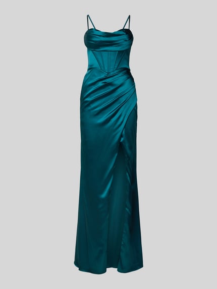Produktfoto, avondjurk uit satin met split en vetersluiting achterzijde van Luxuar, getailleerd, maxi, corsagestijl met plooien, turkoois