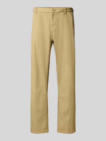 Produktfoto, Straight Fit Hose aus reiner Baumwolle von Diesel in Beige mit Gürtelschlaufen, Gesäßtaschen, Knopf- und Reißverschluss, sichtbare Struktur, Hose liegt flach, Bundweite 44 cm bei Größe 50, Innenbeinlänge 78 cm bei Größe 50.