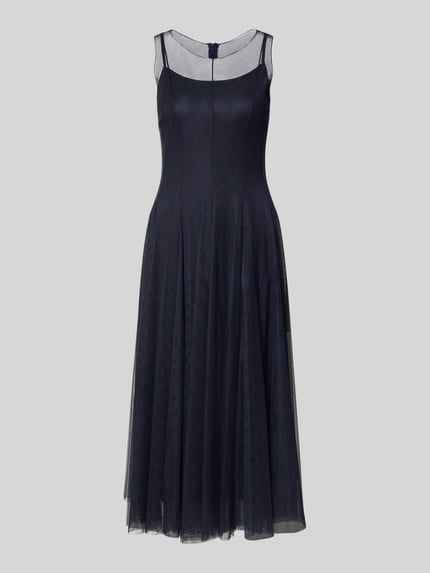 Produktfoto, Cocktailkleid mit Rundhalsausschnitt von V by Vera Mont, dunkelblauer Tüll, A-Linie, Midikleid, glatte Textur