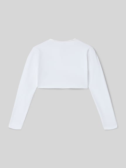 Produktfoto, weißer Regular Fit Bolero aus Baumwoll-Mix von s.Oliver RED LABEL, unifarben, langarm, 1-Knopf-Verschluss, Rückansicht.