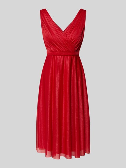 Produktfoto, Regular Fit Kleid mit Glitzer-Mesh von TROYDEN COLLECTION, taillierte Passform in Rot, knielang, V-Ausschnitt, ärmelloses Design
