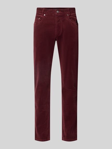 Produktfoto, Straight Fit Cordhose aus elastischem Baumwoll-Mix von bugatti in dunklem Rot, 5-Pocket-Design, sichtbare Textur