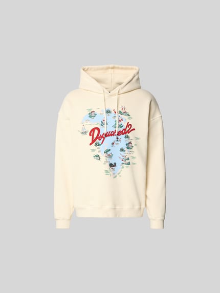 Produktfoto, Relaxed Fit Hoodie mit Logo-Print von Dsquared2 aus reiner Baumwolle, cremefarben mit buntem Print, Kapuze mit Tunnelzug, elastische Abschlüsse, Rückenlänge bei Größe M 71 cm.