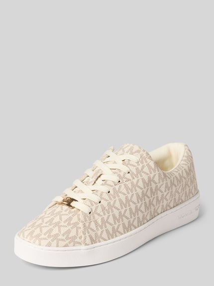 Produktfoto, Sneaker mit Allover-Logo-Print Modell 'KEATON' von MICHAEL Michael Kors, Beige- und Cremetöne, Logo-Detail, Schnürverschluss, abgerundete Passform, glatte Oberfläche, Kontrastsohle, Kontext: Damen Sneaker, Absatzhöhe 3 cm, Schafthöhe 6 cm, Schaftweite 9 cm