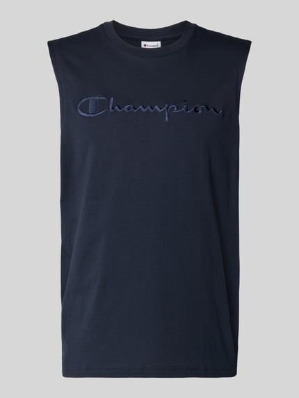 Produktfoto, Top mit Label-Stitching und Rundhalsausschnitt von CHAMPION, dunkelblau, Reine Baumwolle, Regular-Fit, Rückenlänge 71 cm bei Größe M